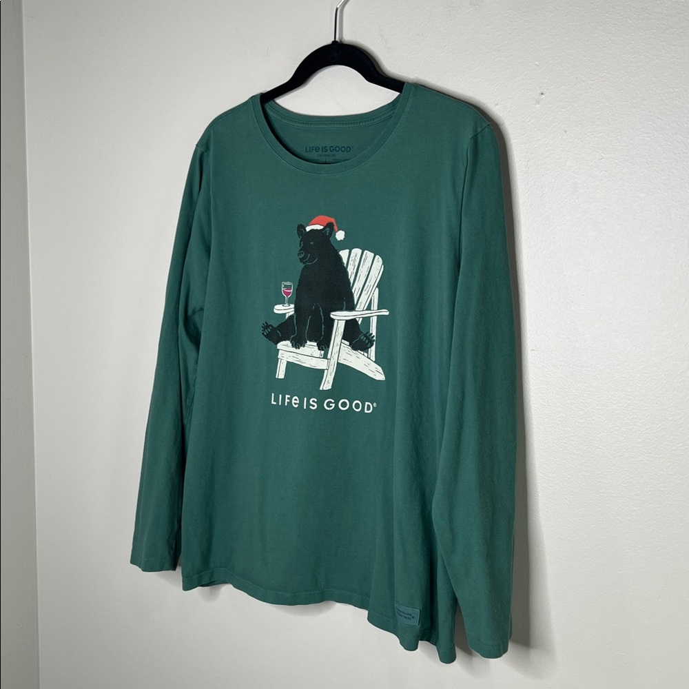 LIFE IS GOOD Santa Hat Black Bear with Wine Women's Crusher Tee size Large - Picture 3 of 13